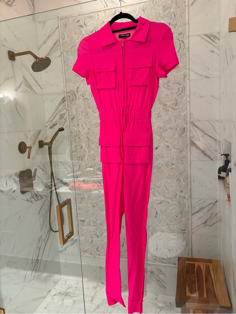 Hot Pink Short-Sleeve Utility Jumpsuit